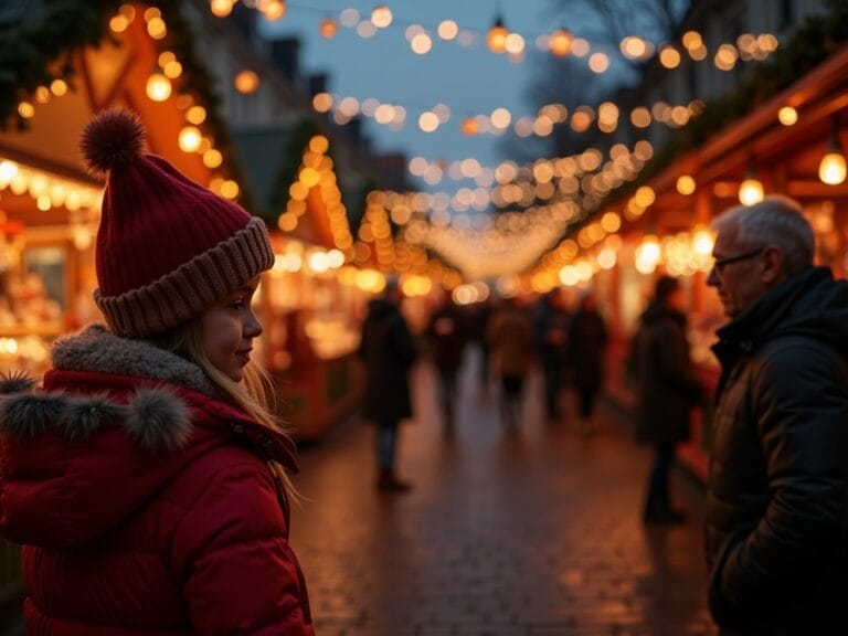 Familia disfrutando de un mercadillo navideño en Londres con luces festivas por la noche