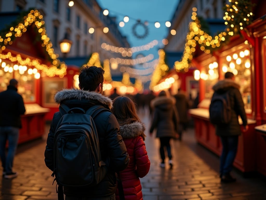 Familia española pasea entre luces festivas en un mercado navideño al aire libre en Londres al atardecer