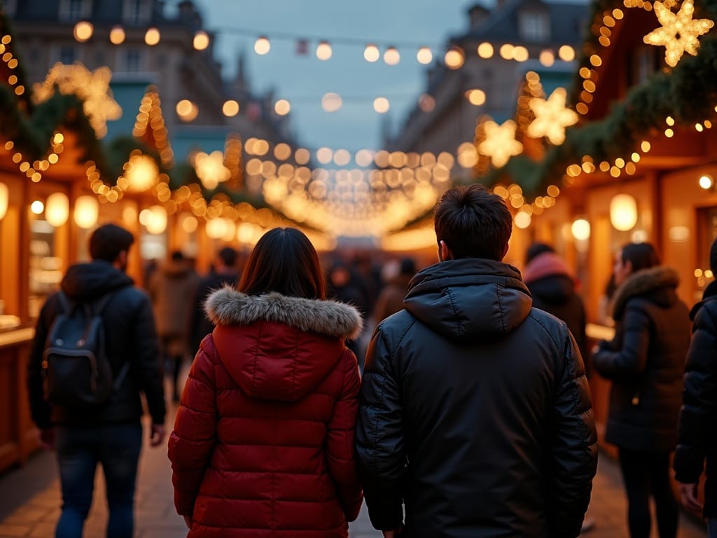 Familia española disfrutando de un mercado navideño en Reino Unido con luces festivas por la tarde