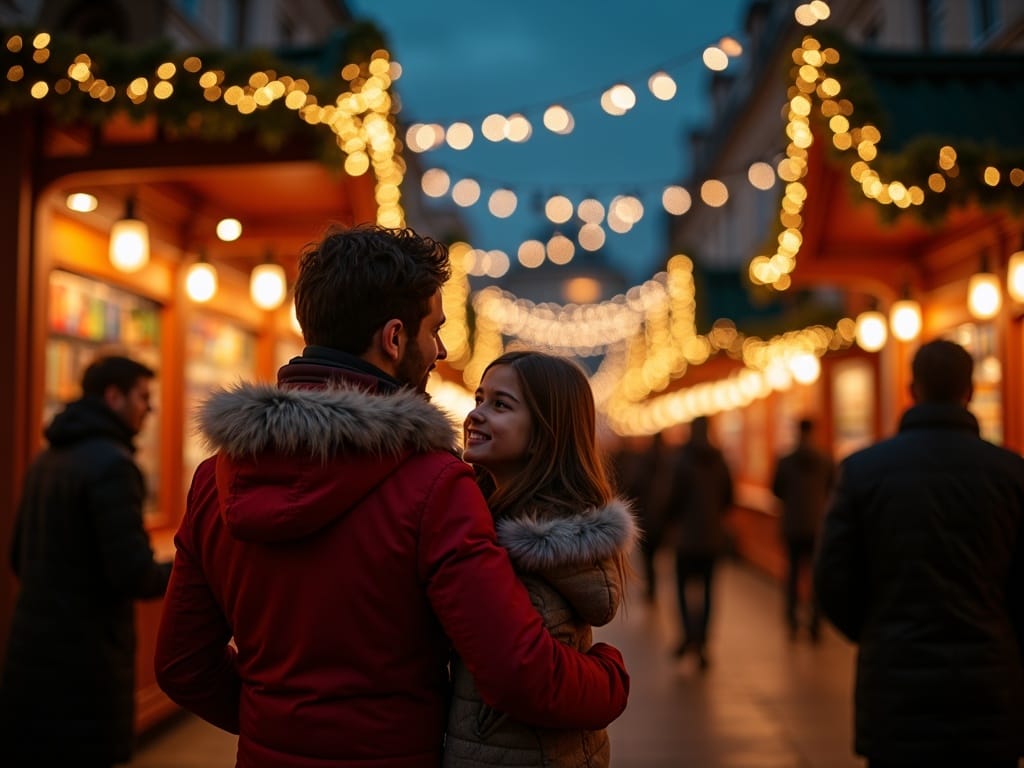Familia paseando por un mercado navideño en Londres con luces rojas, verdes y doradas