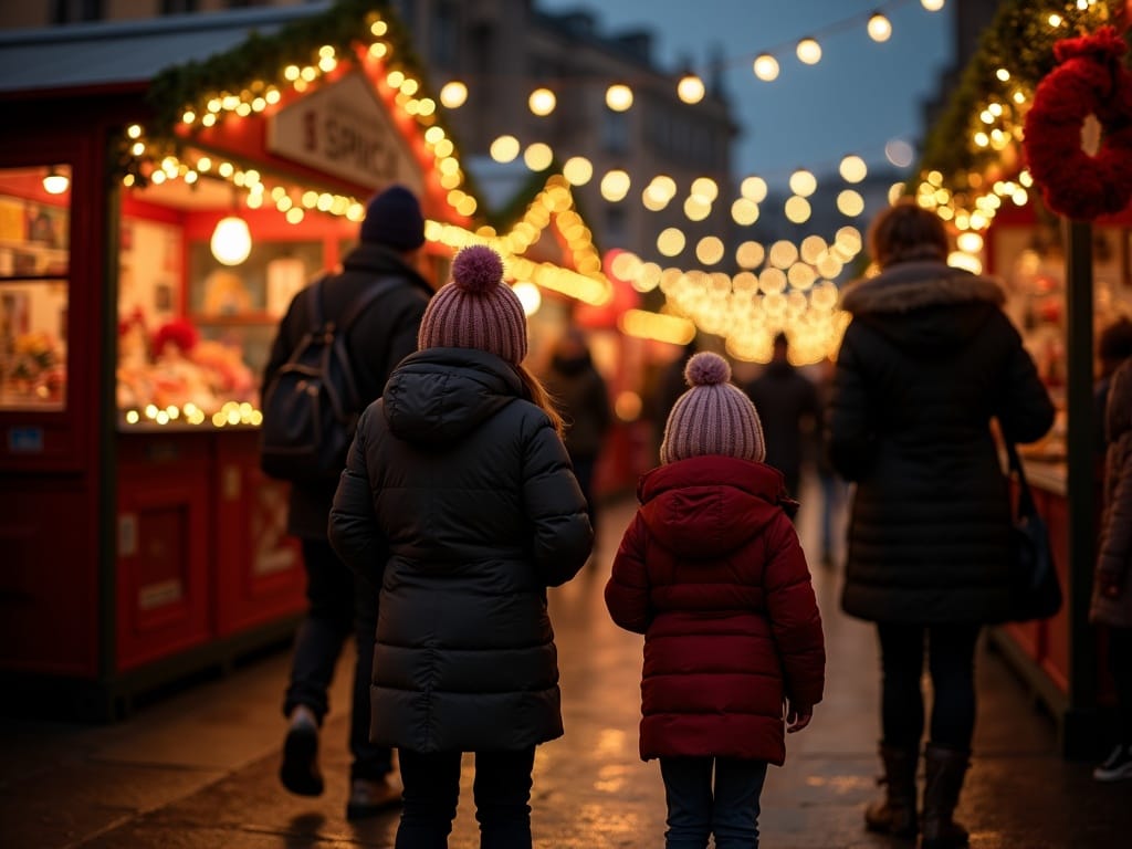 Familia española disfrutando del mercado navideño en Londres, con luces festivas de rojo, verde y dorado