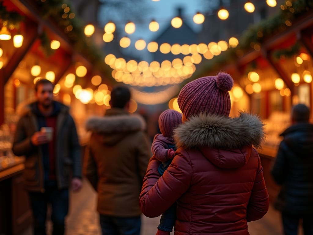 Familia disfrutando de un mercado navideño en el Reino Unido con luces festivas en la noche