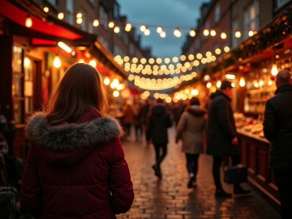 Familia disfrutando de un mercado navideño en el Reino Unido por la noche